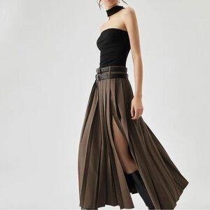 COMMENSE Elegant Brown Pleated Slit Maxi NO BELT